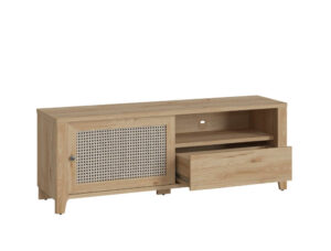 Szafka RTV z półkami i szufladą Dulce 160cm. widok z boku z otwarta szufladą