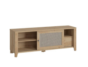 Szafka RTV z półkami i szufladą Dulce 160cm. widok z boku, przesuwne drzwi