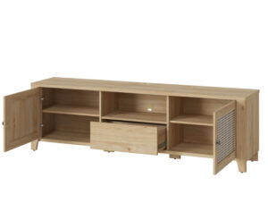 Szafka RTV Dulce 190 cm z szufladą, otwarte drzwi widok z boku