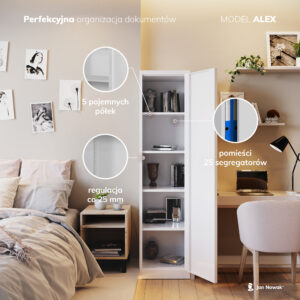 Wąska Wysoka Szafa metalowa ALEX 185x45cm biała/dąb sonoma