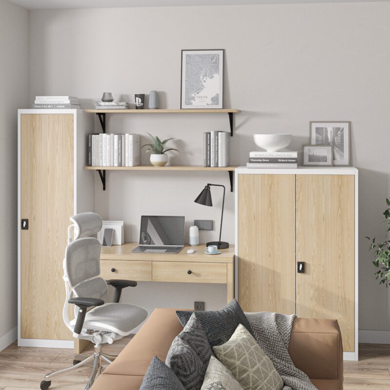 Wąska Wysoka Szafa metalowa ALEX 185x45cm biała/dąb sonoma