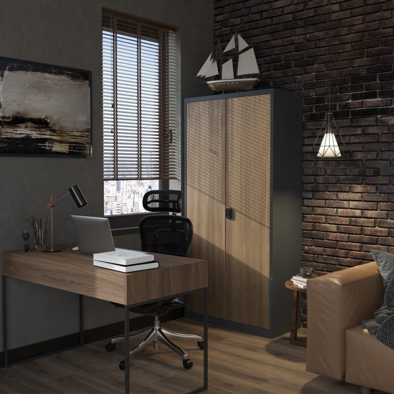 Szafa metalowa z półkami JAN 185x90cm czarna/orzech