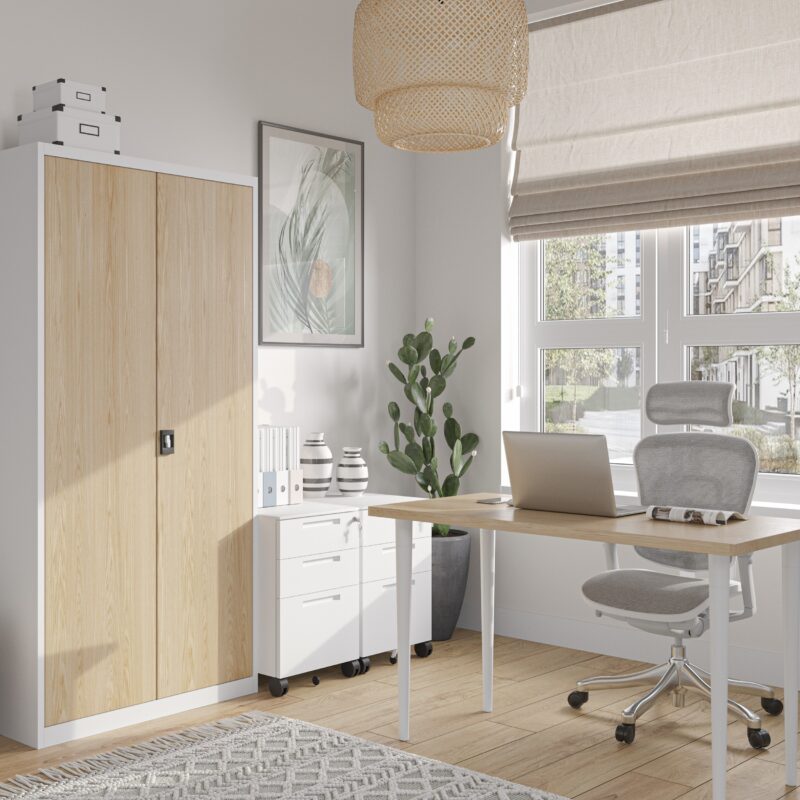 Dwudrzwiowa Szafa metalowa z półkami JAN H 195x90cm biała/dąb sonoma