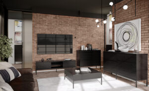 Czarna Szafka RTV 170 cm z 2 szufladami i metalowymi nogami Lokken (2)