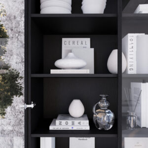 Czarna Witryna wysoka 190 cm ze szklanymi drzwiami i metalowymi nogami Lokken (2)